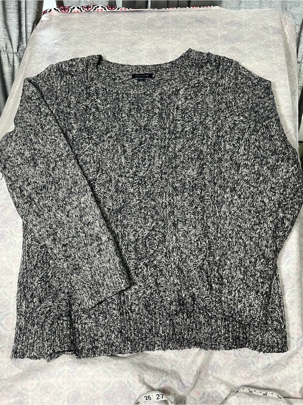 Tommy Hilfiger Marled Black and White Cable-Knit Crewneck Sweater